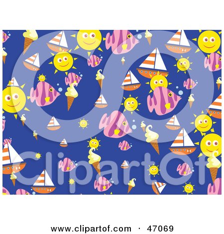 Clipart Illustration of a Blue Background With Summer Suns, Ice Cream, Sailboats And Fish by Prawny