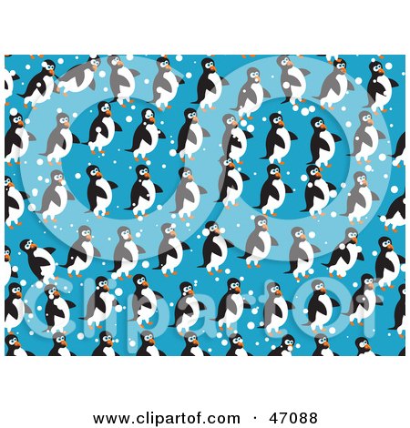 Clipart Illustration of a Blue Background Of Waddling Penguins by Prawny