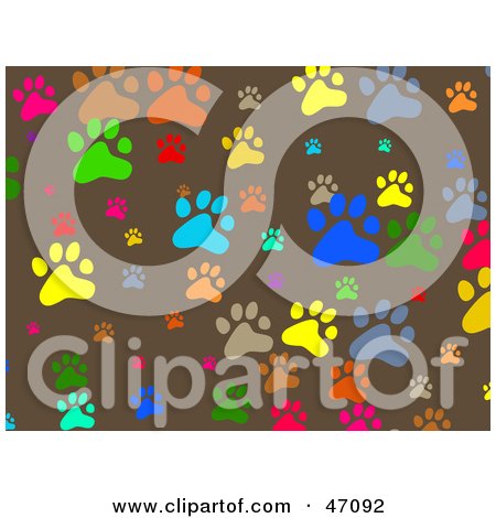 Clipart Illustration of a Brown Background Of Colorful Paw Prints by Prawny