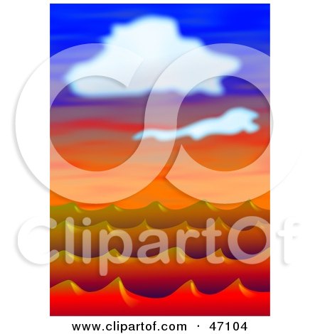 Clipart Illustration of Red Ocean Waves Under Clouds At Sunset by Prawny