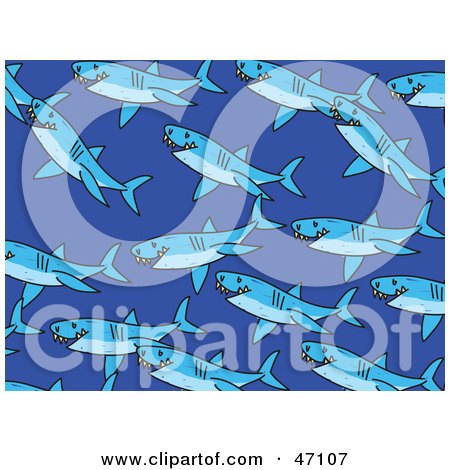Clipart Illustration of a Blue Background Of Swimming Sharks by Prawny