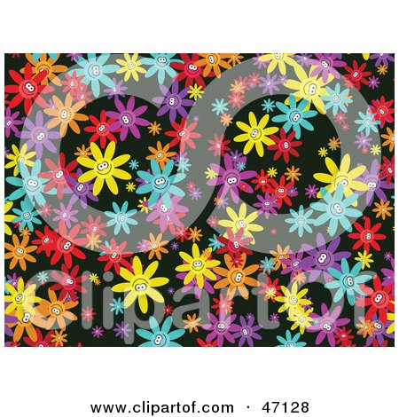 Clipart Illustration of a Black Background With Crowded Colorful Flowers by Prawny