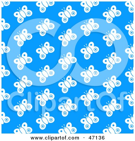 Clipart Illustration of a Blue Background With Rows Of White Butterflies by Prawny