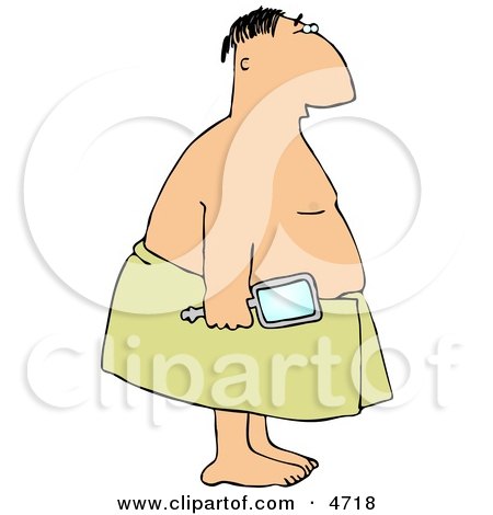 Clean Showered Man Wearing a Towel Around His Waist and Holding a Mirror Clipart by djart