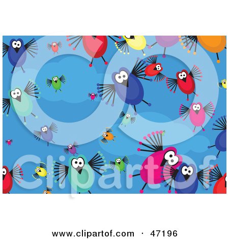 Clipart Illustration of a Blue Background Of Crazy Birds And Clouds by Prawny