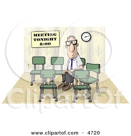 Lonely Businessman Sitting and Waiting by Himself at a Meeting Which was Scheduled for 8:00 Clipart by djart