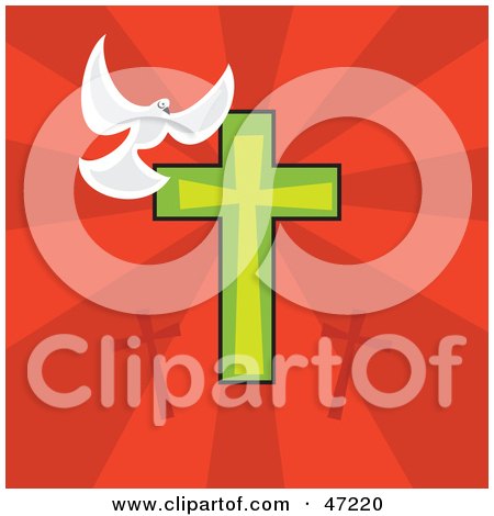 Clipart Illustration of a White Dove Flying Over A Cross On A Red Background by Prawny