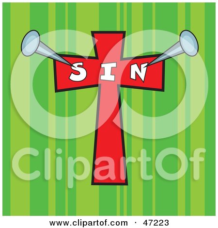 Clipart Illustration of Stakes Pinned Into A Red Sin Cross On A Green Striped Background by Prawny
