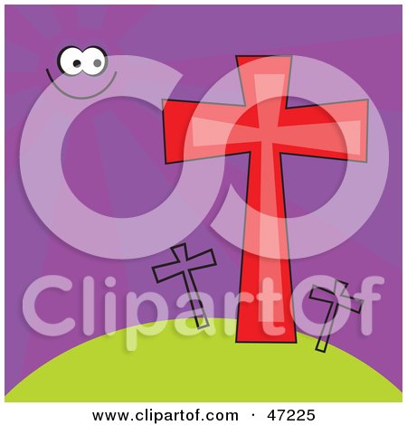 Clipart Illustration of a Sun In A Purple Sky, Shining On Crosses On A Hill by Prawny