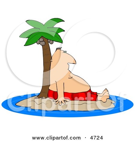 Man Resting Against a Palm Tree Ashore on a Deserted Island or Coast Clipart by djart