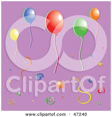 Clipart Illustration of a Purple Background With Colorful Streamers And Party Balloons by Prawny
