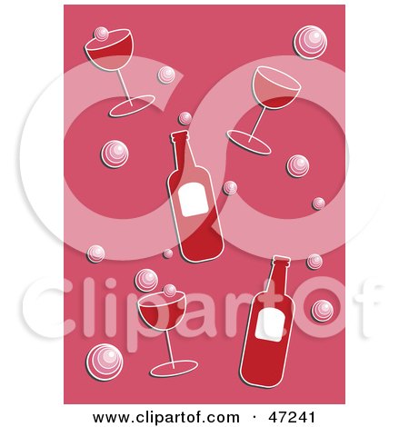 Clipart Illustration of a Pink Background With Red Bottles And Wine Glasses by Prawny