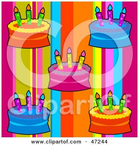 Clipart Illustration of a Digital Collage Of Birthday Cakes On Rainbow Stripes by Prawny