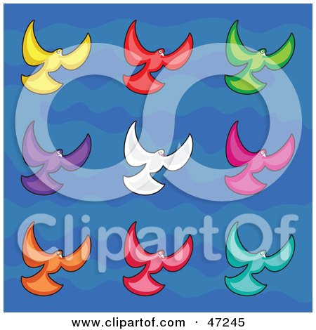 Clipart Illustration of a Digital Collage Of Colorful Doves On Blue by Prawny