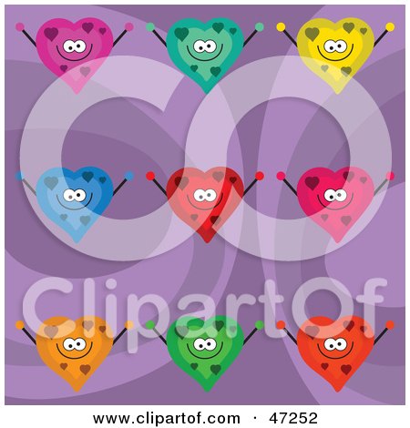 Clipart Illustration of a Retro Purple Background With Happy Colorful Hearts by Prawny