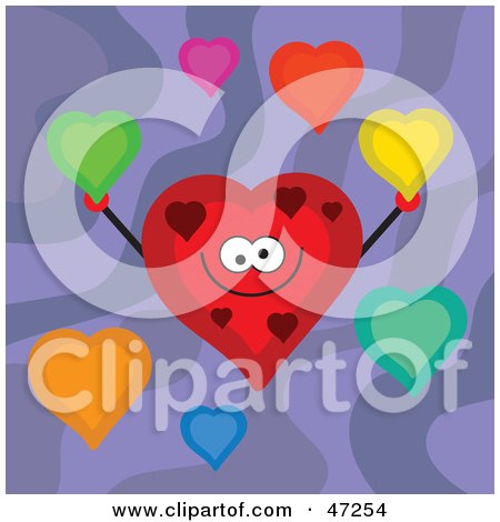 Clipart Illustration of a Happy Red Heart Holding Up Colorful Hearts On A Purple Background by Prawny