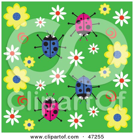 Clipart Illustration of a Green Background With Swirls, Flowers And Ladybugs by Prawny