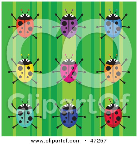Clipart Illustration of a Striped Green Background With Colorful Ladybugs by Prawny