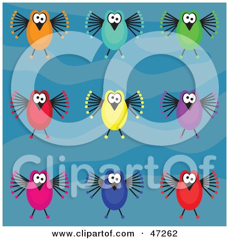 Clipart Illustration of a Digital Collage Of Funky Birds On A Blue Wave Background by Prawny