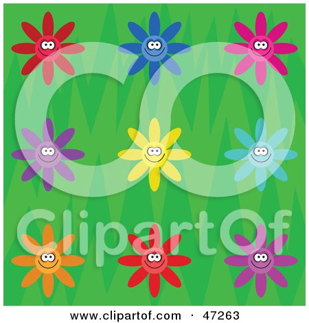 Clipart Illustration of a Green Background Of Happy Colorful Flowers by Prawny