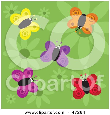 Clipart Illustration of a Green Background Of Butterflies And Flowers by Prawny