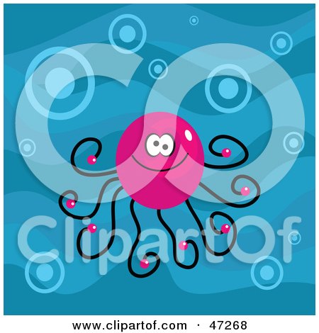Clipart Illustration of a Pink Octopus With Bubbles In Blue Water by Prawny