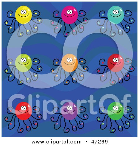 Clipart Illustration of a Digital Collage Of Colorful Octopuses On A Blue Wave Background by Prawny