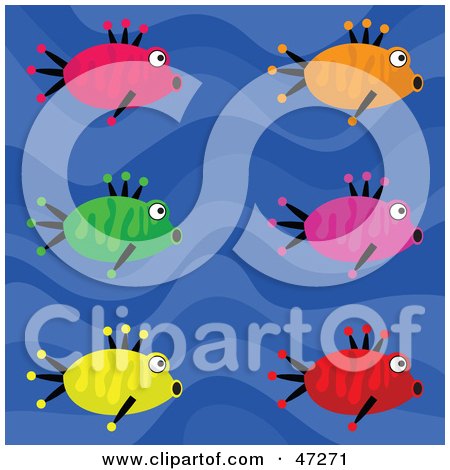 Clipart Illustration of a Blue Wave Background With Six Colorful Fish by Prawny