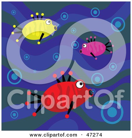 Clipart Illustration of a Blue Wave Background With Three Fish Blowing Bubbles by Prawny
