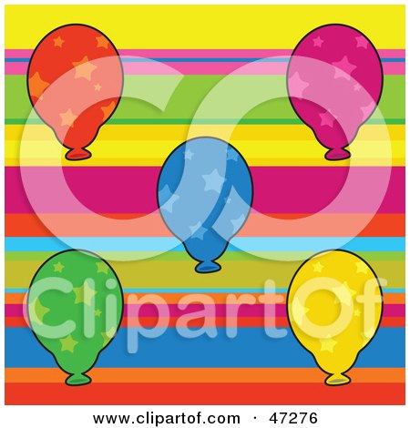 Royalty-Free (RF) Clipart Illustration of a Colorful Striped Background Of Star Patterned Balloons by Prawny