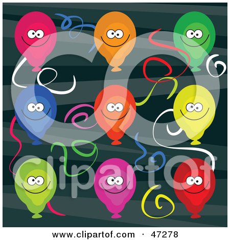 Royalty-Free (RF) Clipart Illustration of a Retro Green Background Of Colorful Balloons And Streamers by Prawny