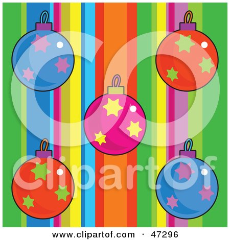 Royalty-Free (RF) Clipart Illustration of a Striped Background With Colorful Christmas Ornaments by Prawny
