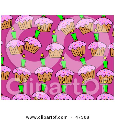 Royalty-Free (RF) Clipart Illustration of a Pink Background With Rows Of Birthday Cupcakes by Prawny