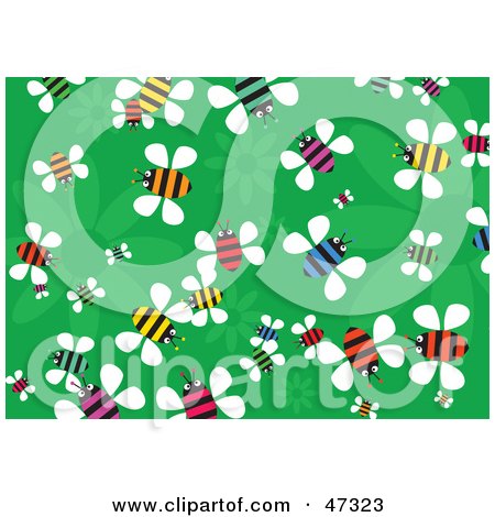 Royalty-Free (RF) Clipart Illustration of a Green Floral Background Of Colorful Busy Bees by Prawny