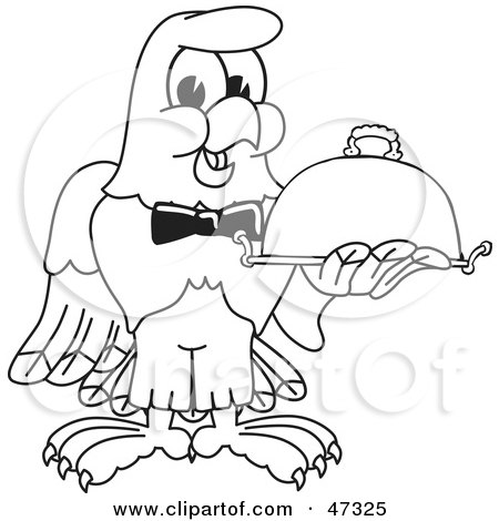 Royalty-Free (RF) Clipart Illustration of a Bald Eagle Hawk Or Falcon Waiter Outline by Mascot Junction