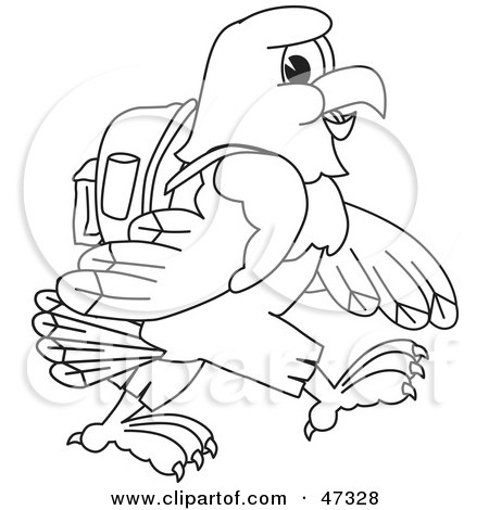 Royalty-Free (RF) Clipart Illustration of a Bald Eagle Hawk Or Falcon Hiking Outline by Mascot Junction