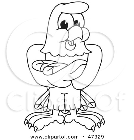 Royalty-Free (RF) Clipart Illustration of a Bald Eagle Hawk Or Falcon With Arms Crossed Outline by Mascot Junction