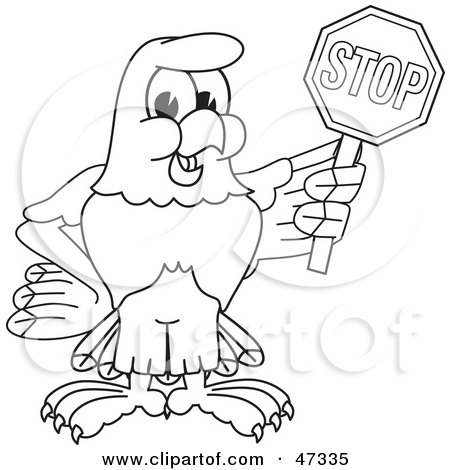 Royalty-Free (RF) Clipart Illustration of a Bald Eagle Hawk Or Falcon Holding A Stop Sign Outline by Mascot Junction