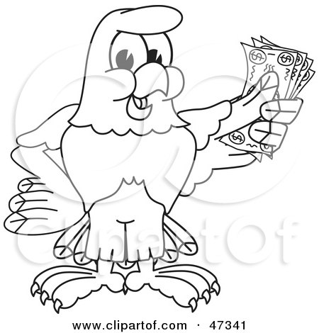 Royalty-Free (RF) Clipart Illustration of a Bald Eagle Hawk Or Falcon Holding Money Outline by Mascot Junction