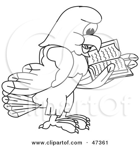 Royalty-Free (RF) Clipart Illustration of a Bald Eagle Hawk Or Falcon Reading Outline by Mascot Junction