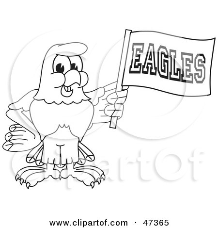 Royalty-Free (RF) Clipart Illustration of a Bald Eagle Hawk Or Falcon Waving An Eagles Flag Outline by Mascot Junction