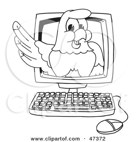 Royalty-Free (RF) Clipart Illustration of a Bald Eagle Hawk Or Falcon On A Computer Screen Outline by Mascot Junction