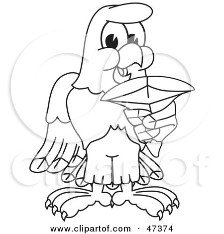 Royalty-Free (RF) Clipart Illustration of a Bald Eagle Hawk Or Falcon Holding A Shark Tooth Outline by Mascot Junction
