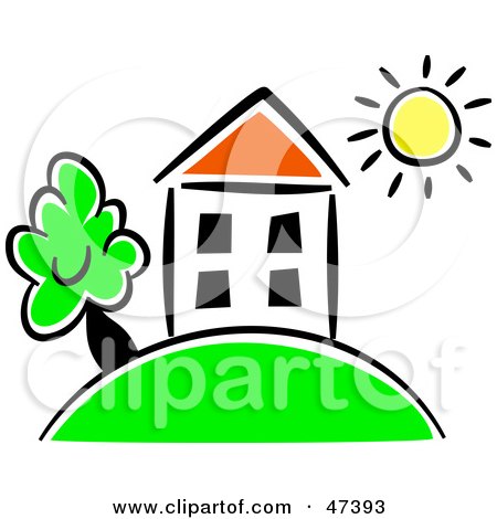 Royalty-Free (RF) Clipart Illustration of a Drawing Of A House On A Hill Under The Sun by Prawny