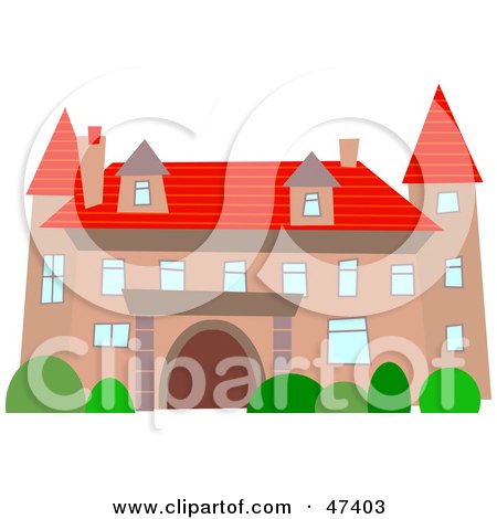 Royalty-Free (RF) Clipart Illustration of a Fancy Pink Mansion With A Red Roof by Prawny