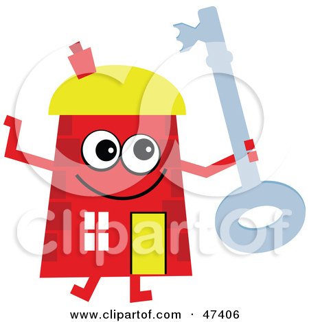 Royalty-Free (RF) Clipart Illustration of a Red Cartoon House Character Holding A Key by Prawny
