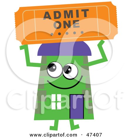 Royalty-Free (RF) Clipart Illustration of a Green Cartoon House Character With a Ticket by Prawny