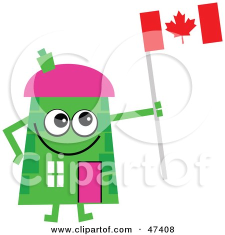 Royalty-Free (RF) Clipart Illustration of a Green Cartoon House Character Holding A Canadian Flag by Prawny