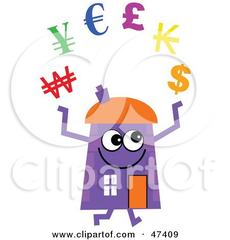Royalty-Free (RF) Clipart Illustration of a Purple Cartoon House Character Juggling Currencies by Prawny