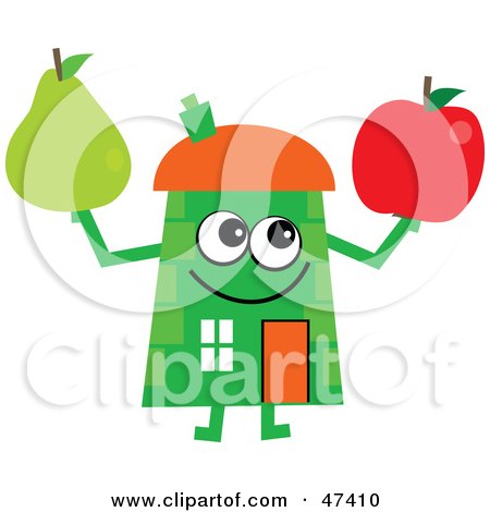 Royalty-Free (RF) Clipart Illustration of a Green Cartoon House Character With An Apple And Pear by Prawny